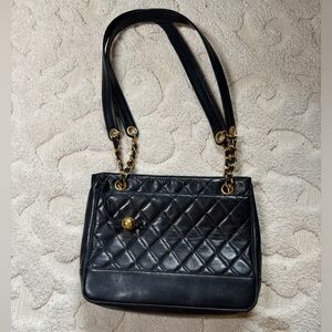 CHANEL Black Quilted Leather Shoulder Tote with Gold Chain Straps